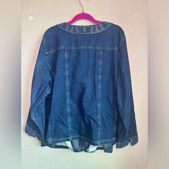 Quacker Factory Dark Blue Denim Rhinestone Embellished Button Front Jacket 3X - Picture 8 of 8